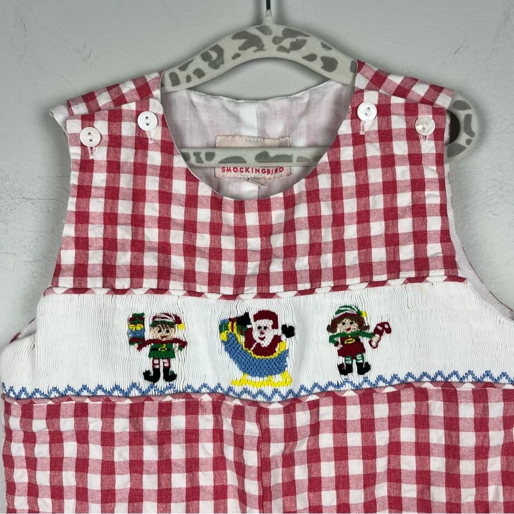 Smockingbird Red White Christmas Gingham Santa Elf Jon Jon Smocked 24 Mon Preppy